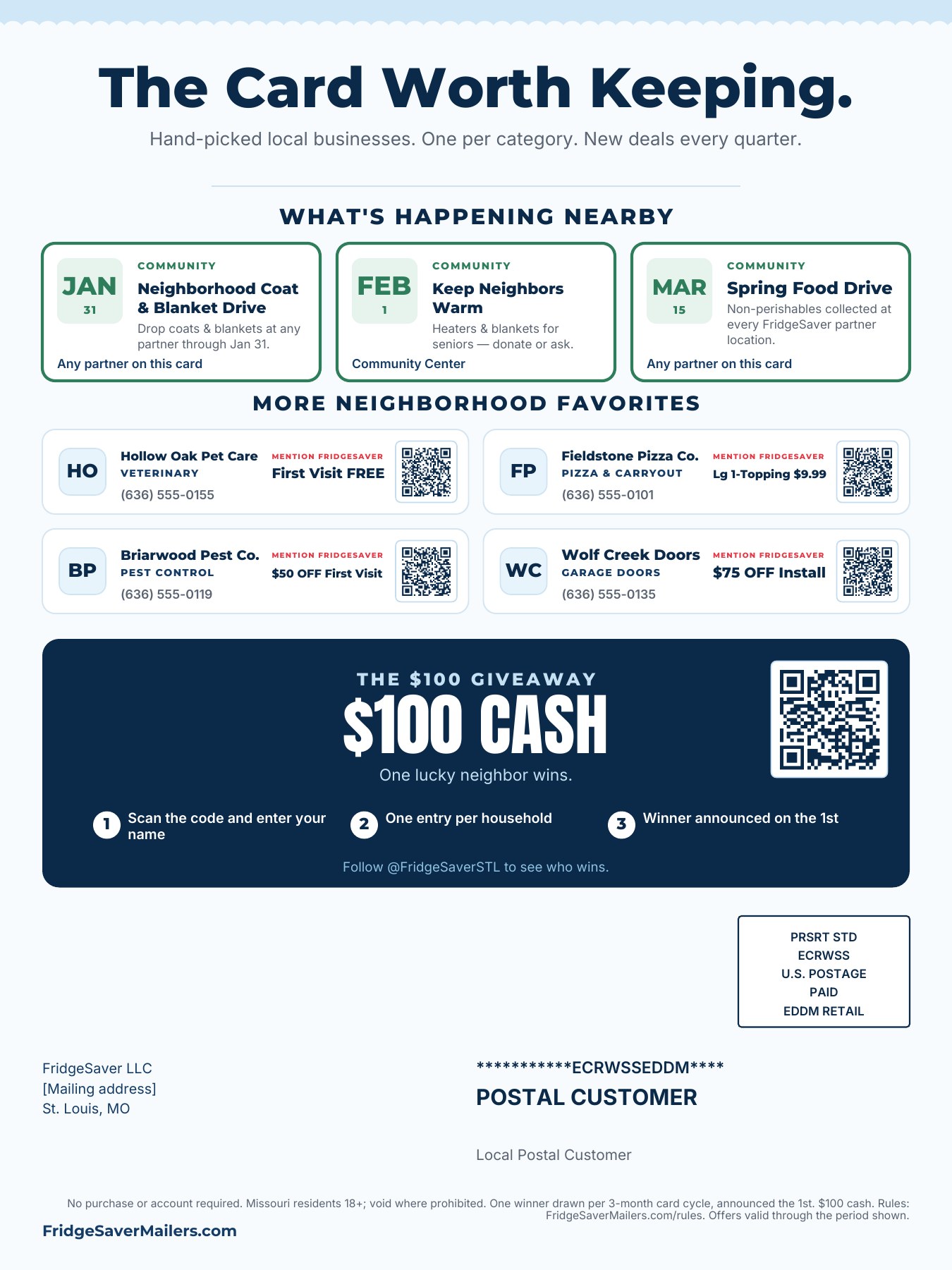 Sample FridgeSaver mailer, back side. Business names shown are sample placeholders.
