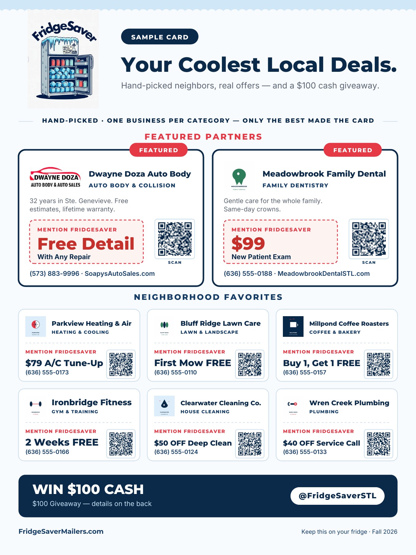 Sample front of a FridgeSaver 9x12 mailer. Dwayne Doza Auto Body is a real partner; the other businesses shown are sample placeholders.