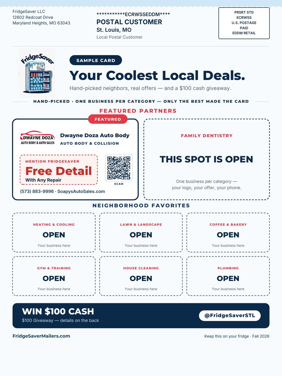 Sample FridgeSaver mailer, front side. Dwayne Doza Auto Body is a real partner; the remaining spots are shown open.